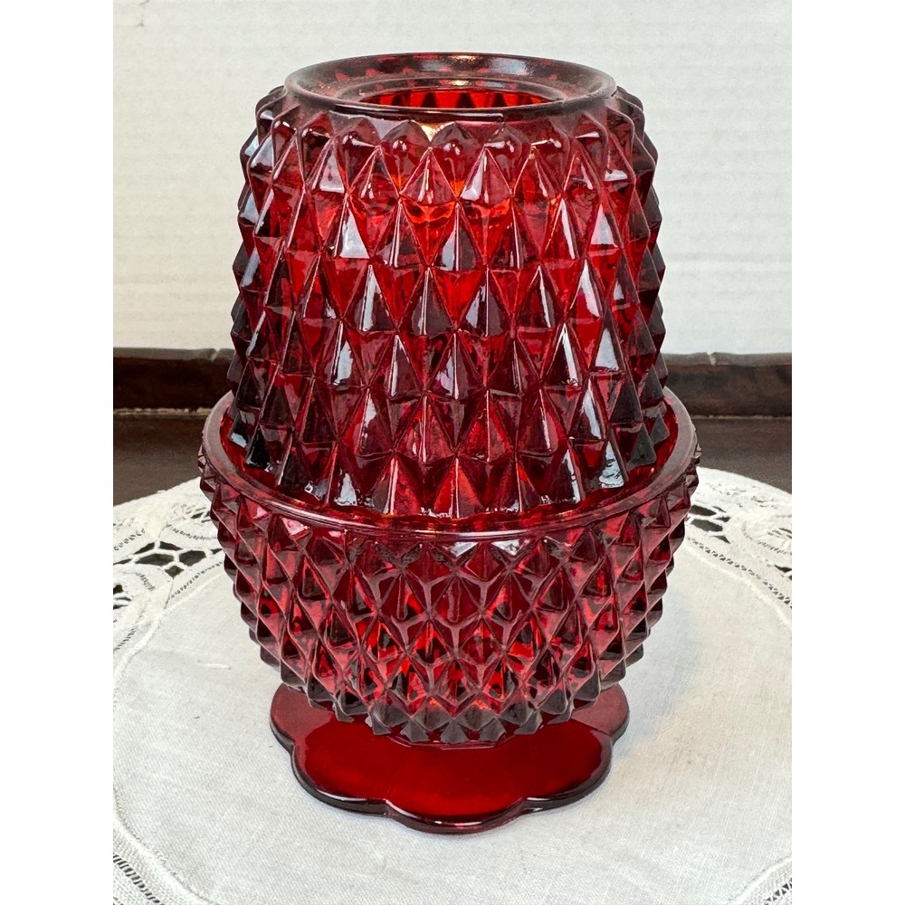 Vintage Indiana Glass Ruby Red Fairy Lamp Diamond Point Two Piece Candle Holder - Picture 2 of 10